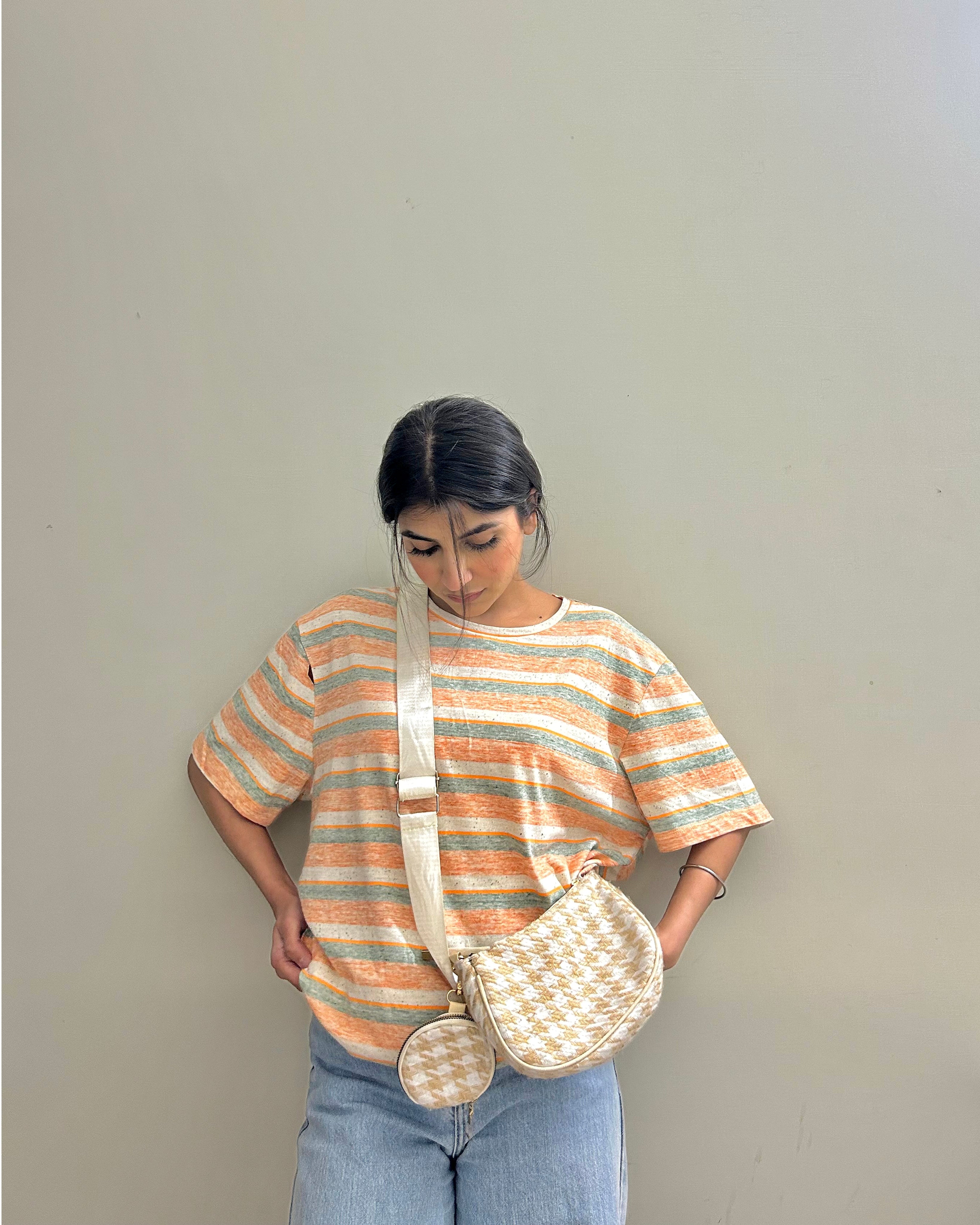 Retro Striped Batwing Sleeve Tee Apricot