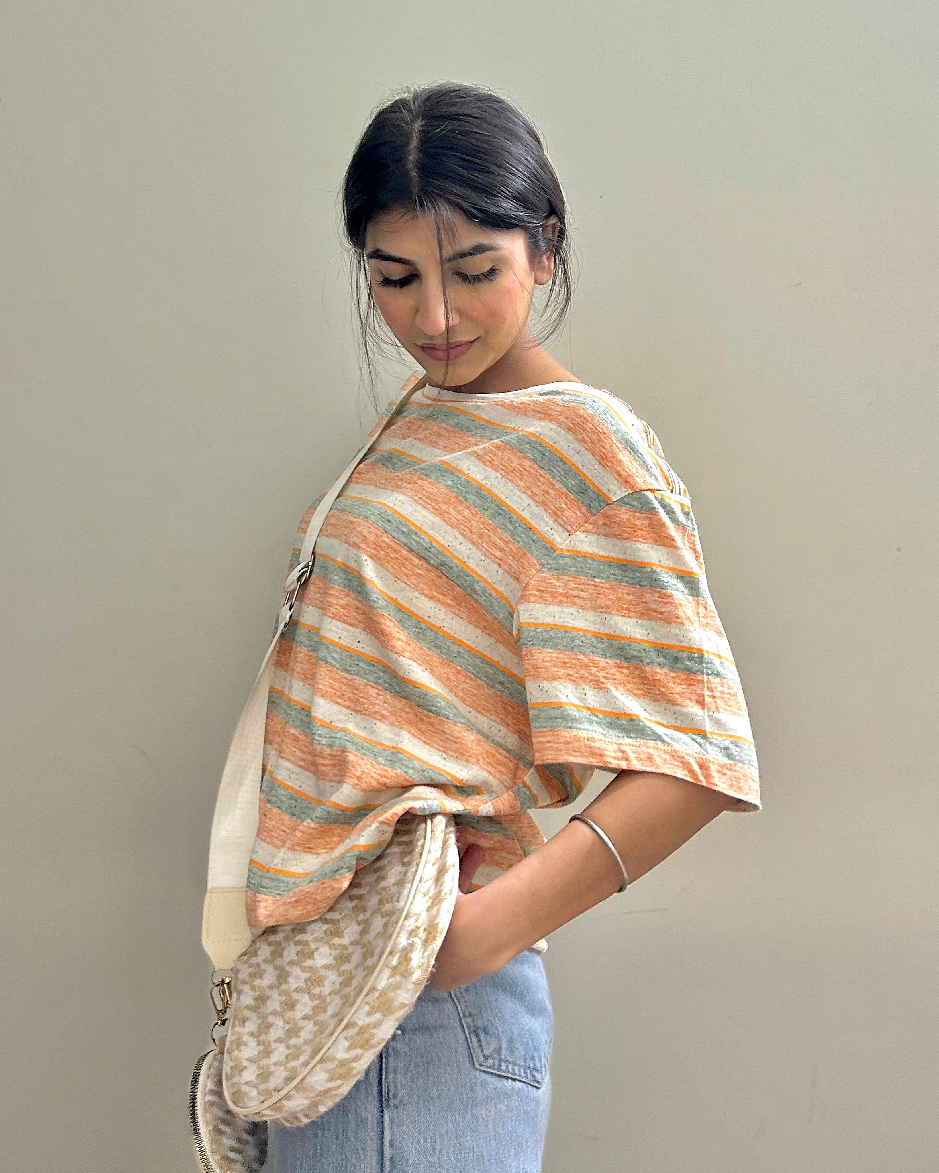 Retro Striped Batwing Sleeve Tee Apricot