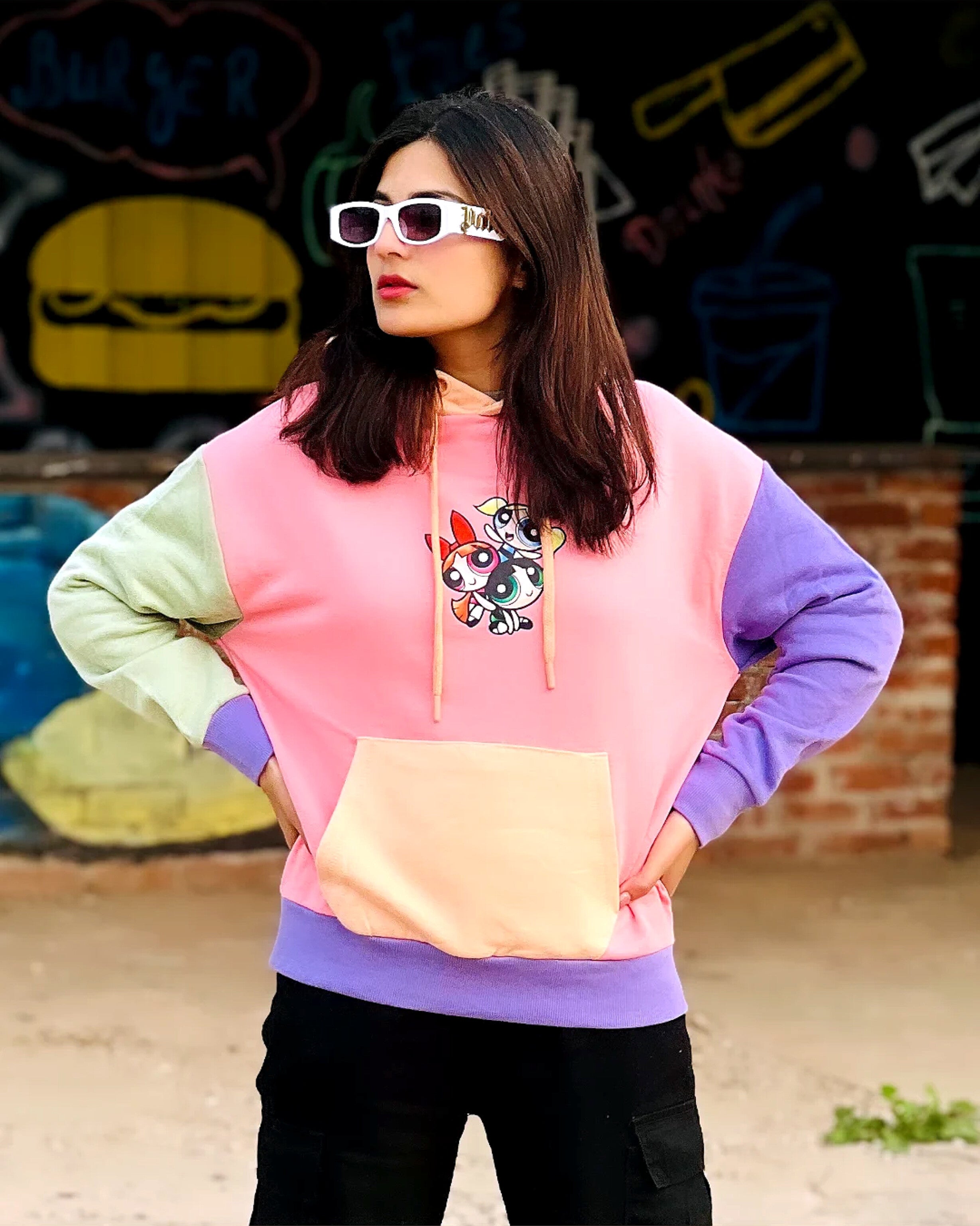 Powerpuff Girls Colour Block Drop Shoulder Hoodie