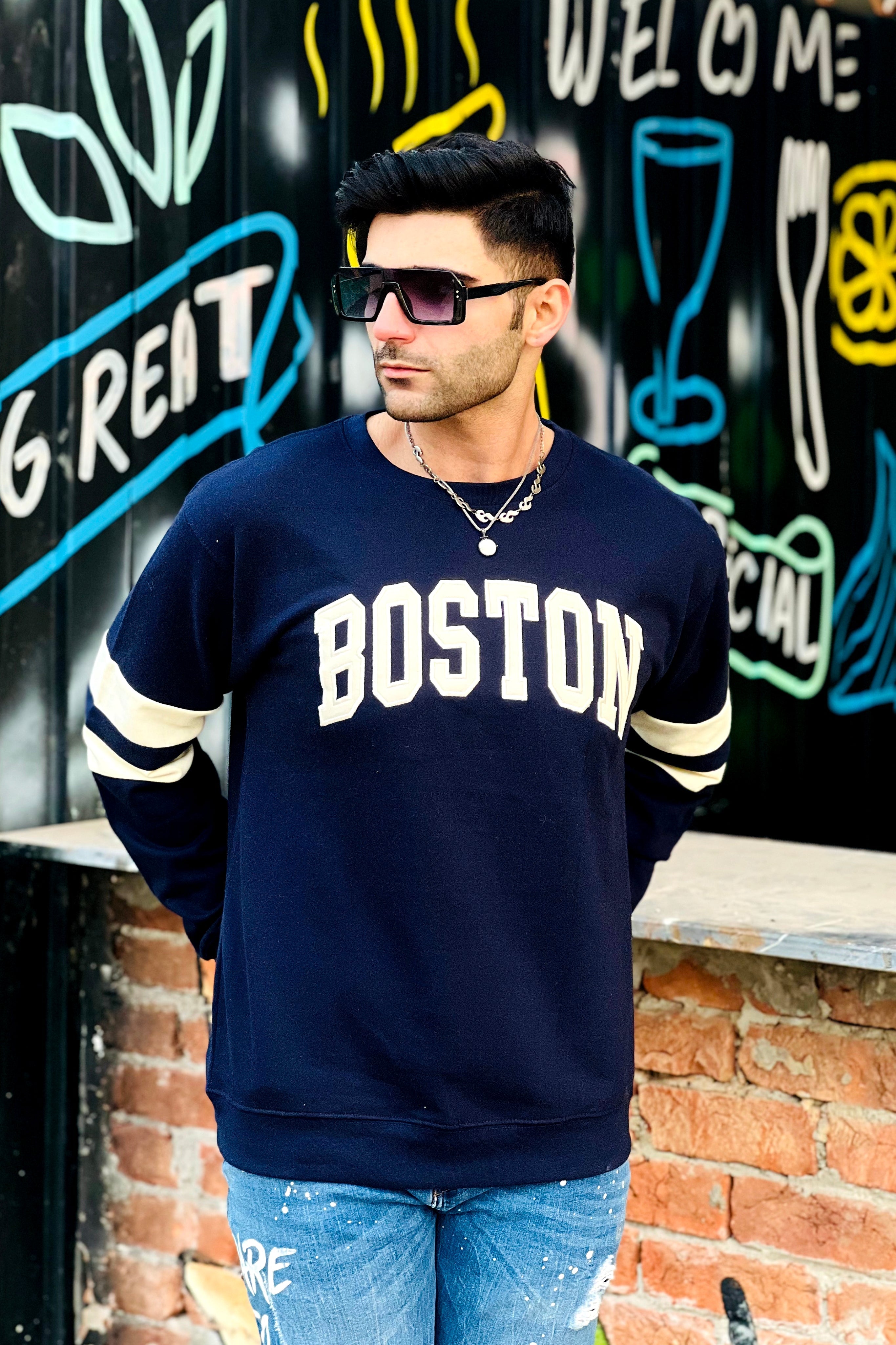 Boston Embroidered Contrast sleeve Sweatshirt Navy Blue