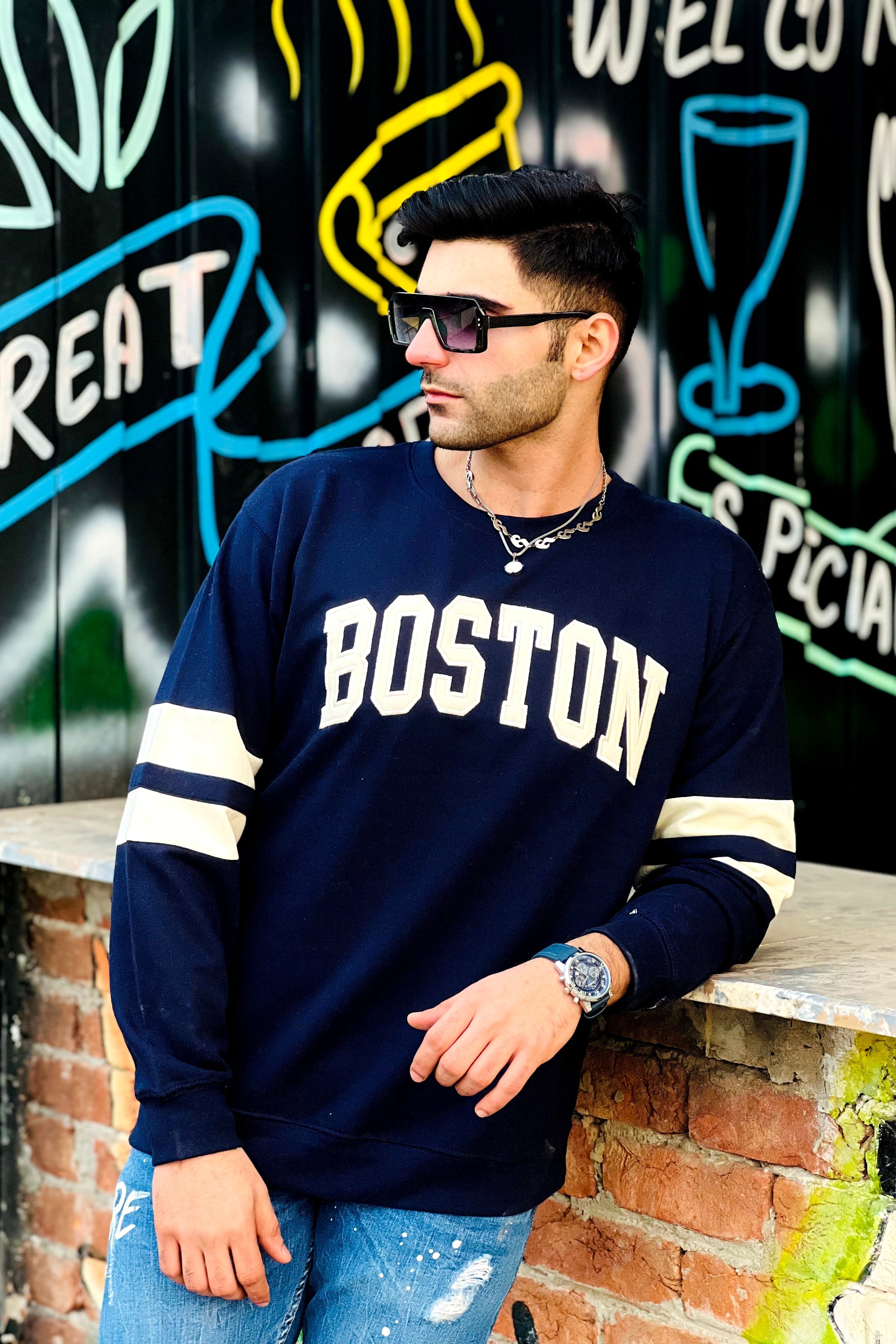 Boston Embroidered Contrast sleeve Sweatshirt Navy Blue