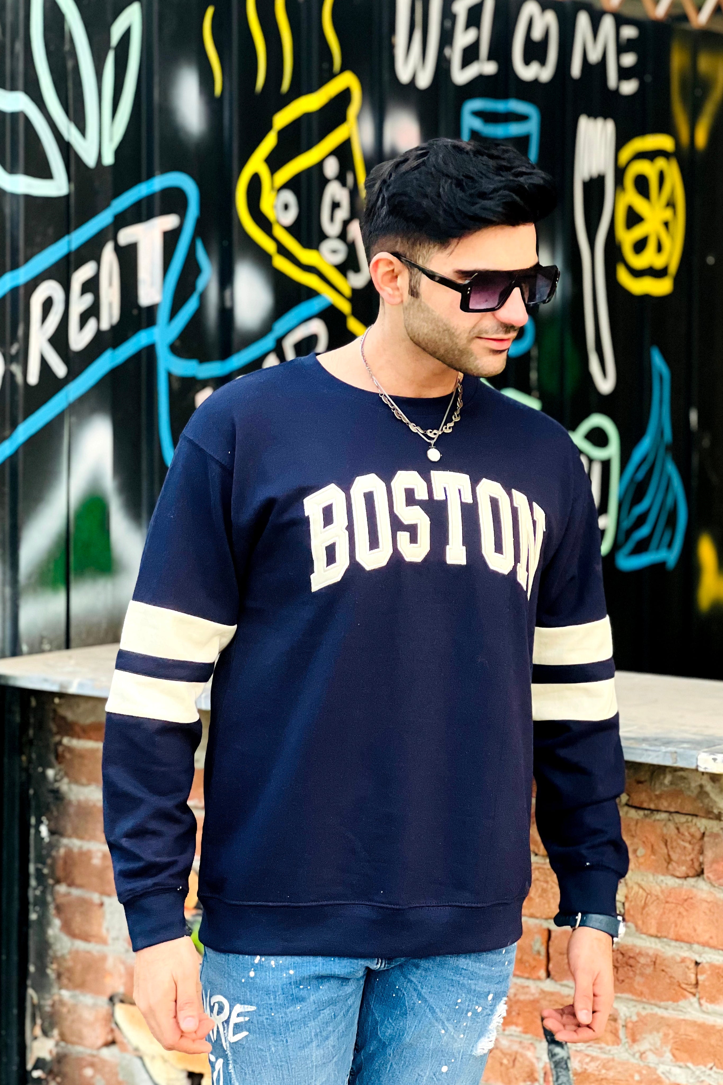 Boston Embroidered Contrast sleeve Sweatshirt Navy Blue