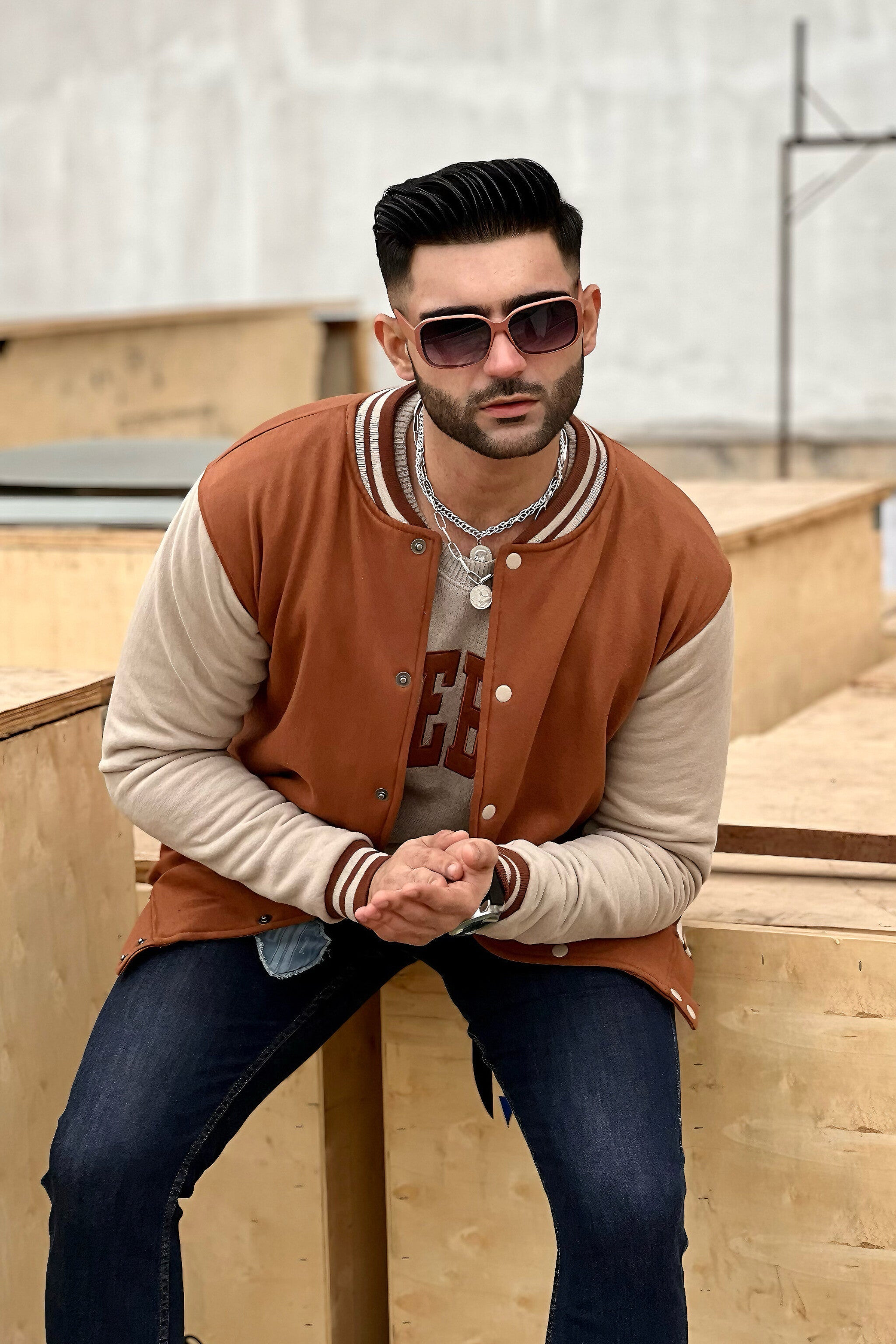 Baseball Style Brown and Beige Varsity Jacket