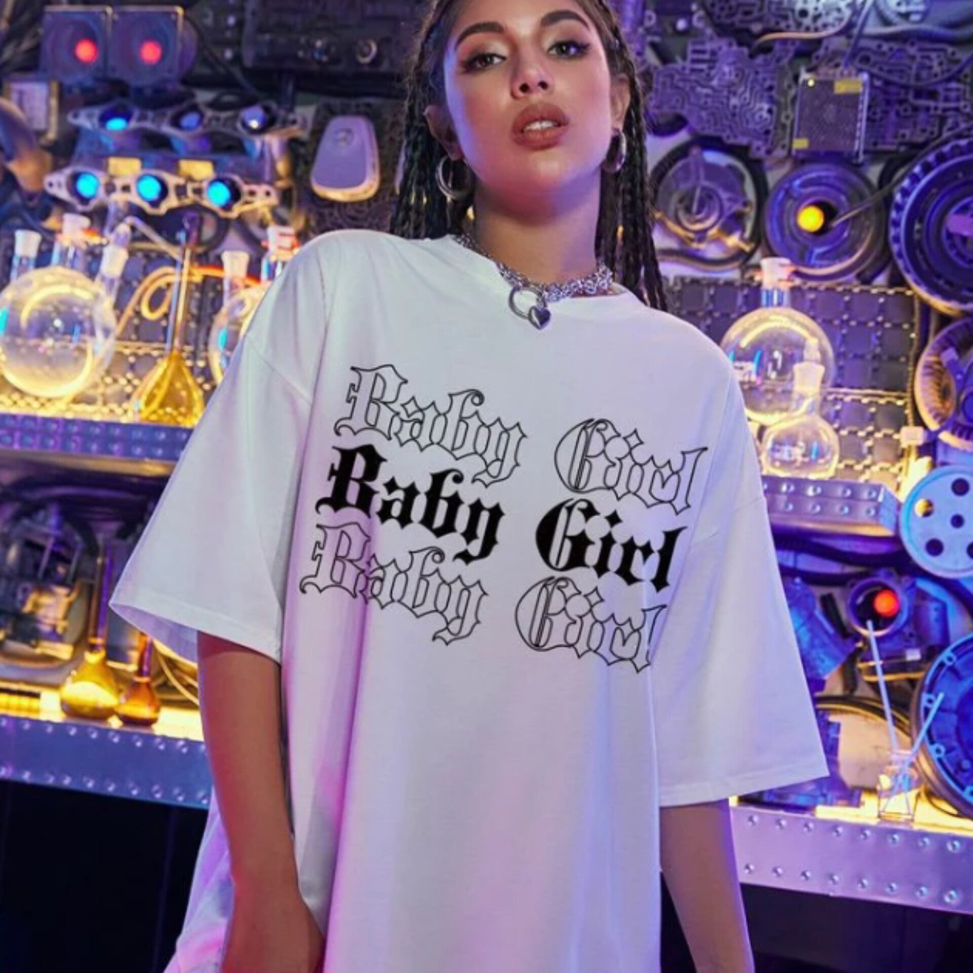 Baby Girl Graphic Drop Shoulder Oversized Tee White