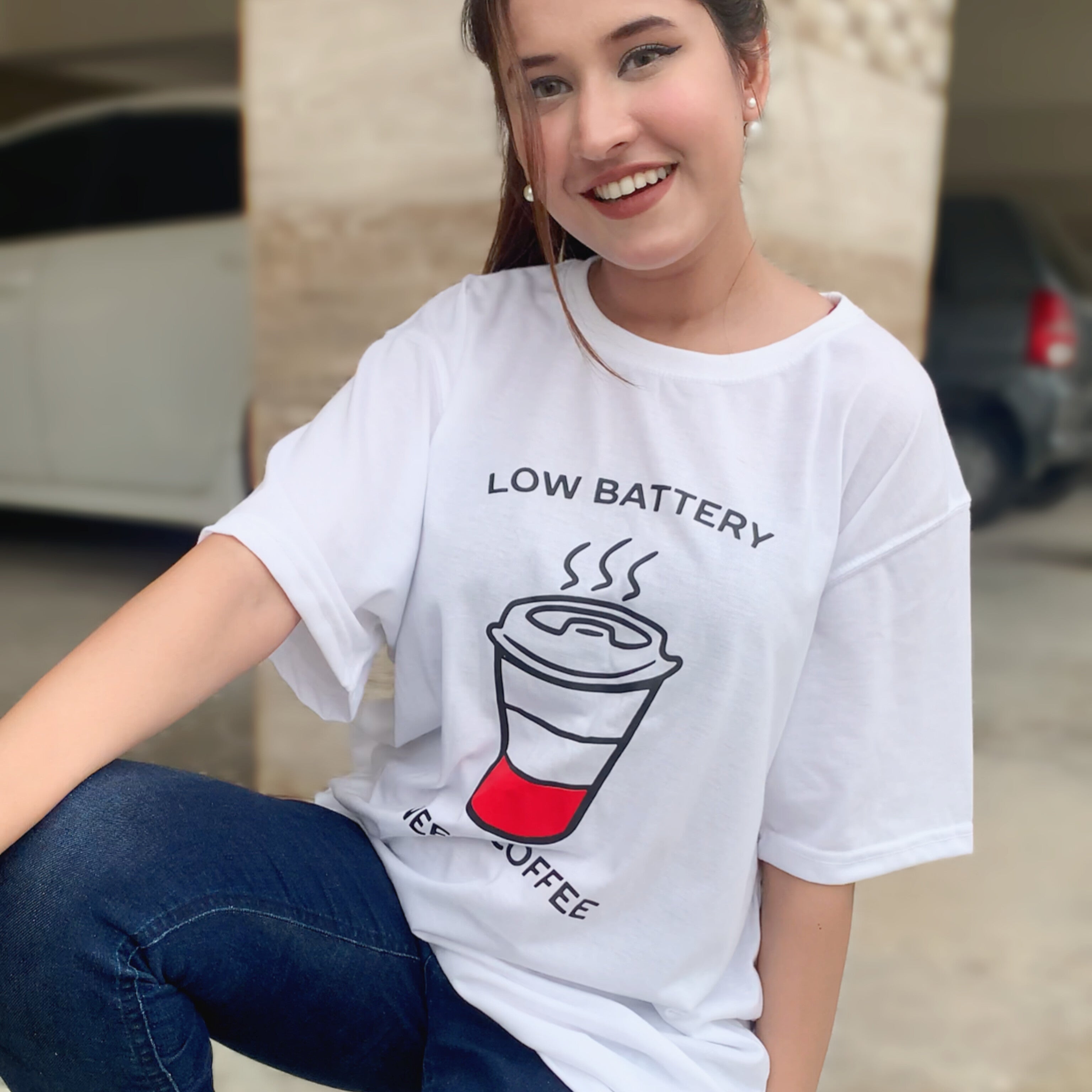 Low Battery Need Coffee Graphic Drop Shoulder Oversized Tee