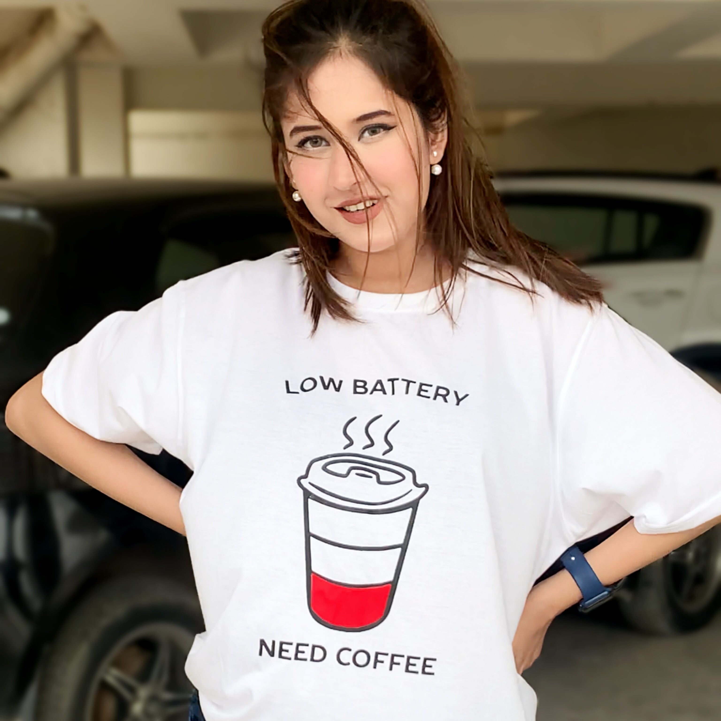 Low Battery Need Coffee Graphic Drop Shoulder Oversized Tee