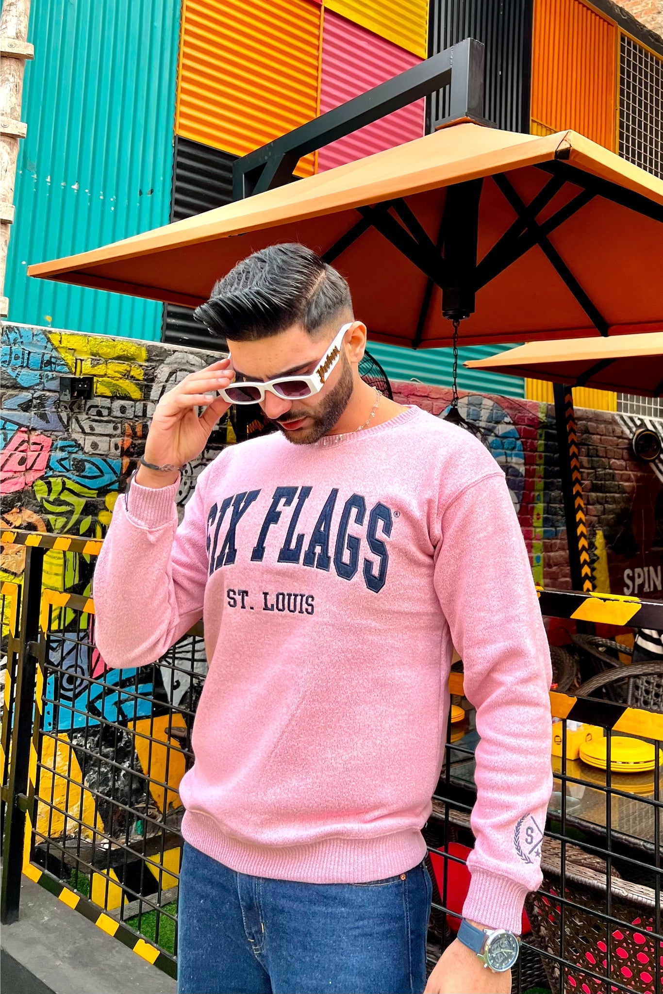 Six Flags Embroidered Irish Knitted Sweater Pink