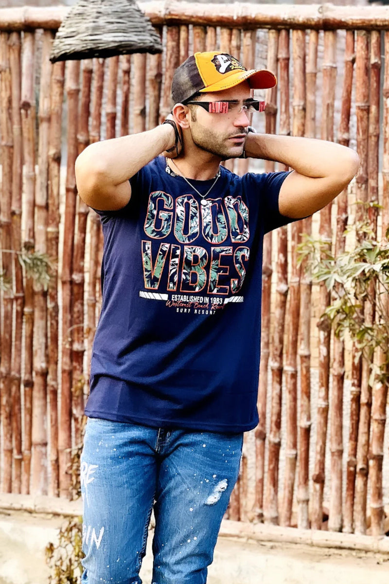 Good Vibes Graphic Mens T-shirt- Navy Blue